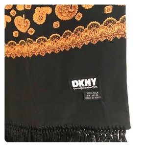 Vintage DKNY Silk Scarf Black Gold Paisley Fringe